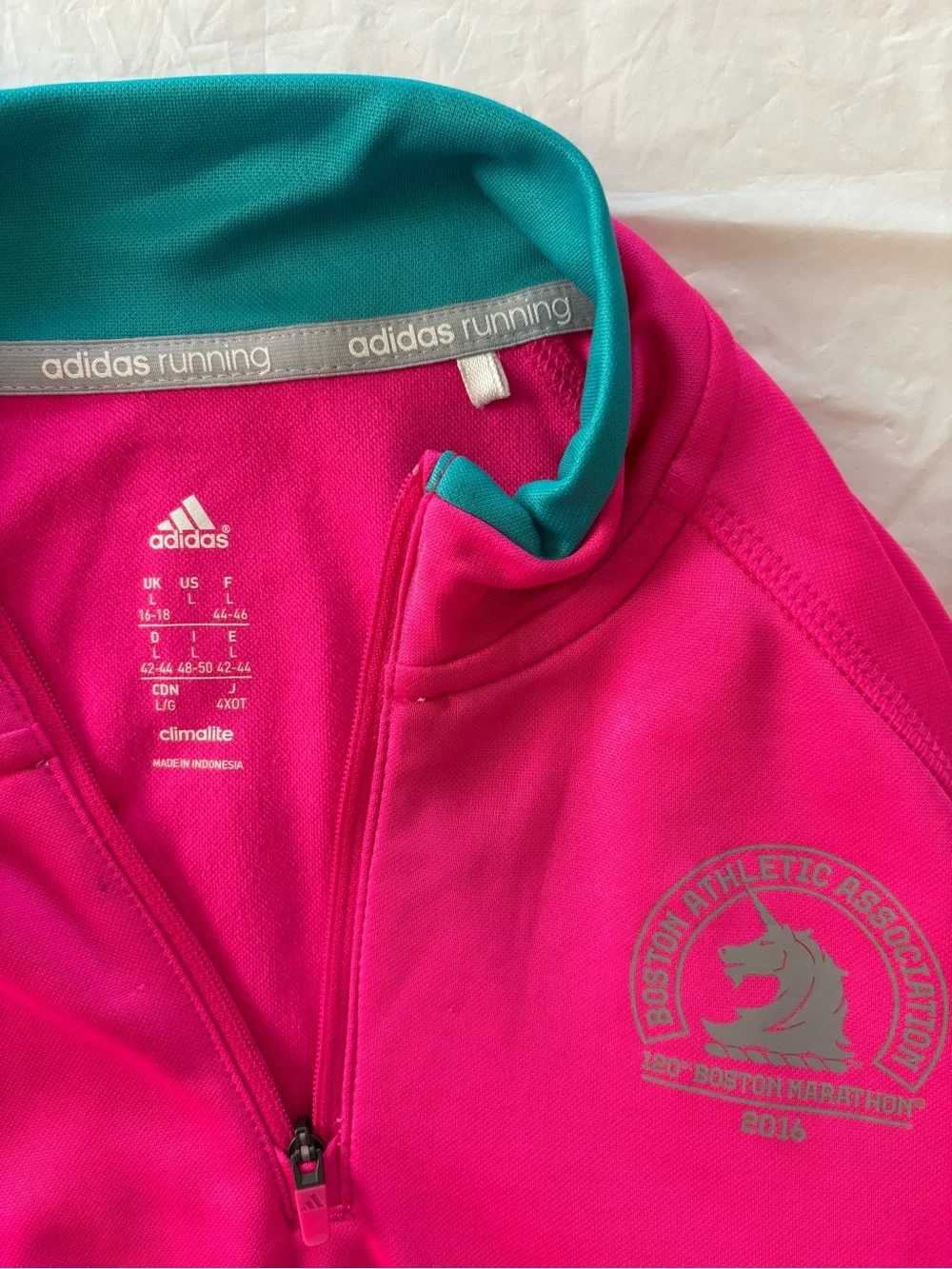 Addias Pink Boston Marathon 2016 Quarter-Zip Training Jacket SZ L Worn 1X - Picture 6 of 14